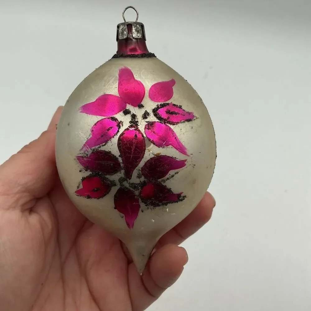 Vintage Mercury Glass Indent Christmas Ornament Pink Floral Teardrop 4.5”